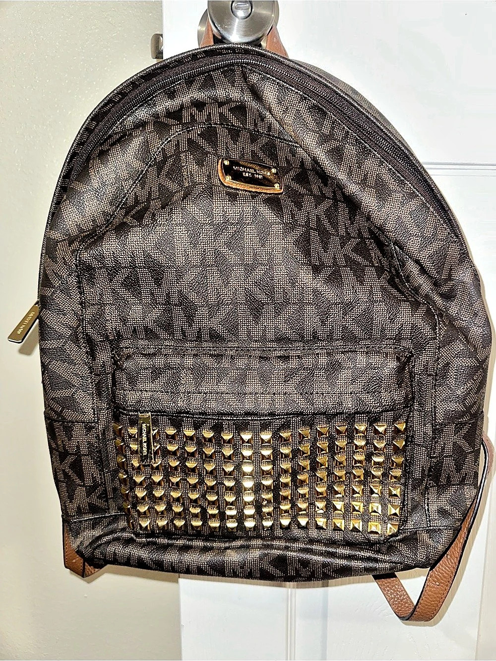 Michael Kors Rhea Medium Signature Logo Studded Backpack Brown & Black